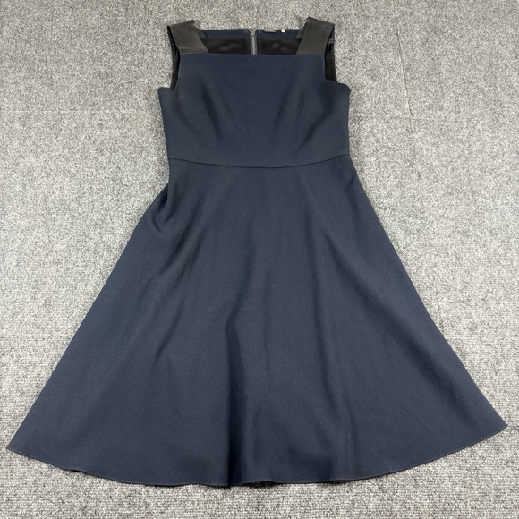 Elie Tahari Flared Dress Sz 2 Navy Blue Sleeveless Lamb Leather Straps Business - Picture 1 of 10